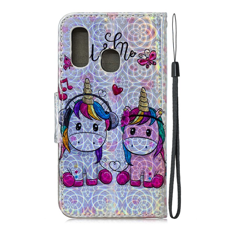 Laser Carving Pattern Printing Wallet Stand Leather Phone Case with Strap for Samsung Galaxy A40 - Couple Unicorns-4