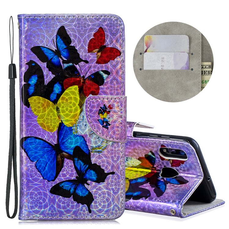 Laser Carving Pattern Printing Leather Wallet Stand Protective Casing with Strap for Samsung Galaxy A20 / A30 - Colorful Butterflies-1