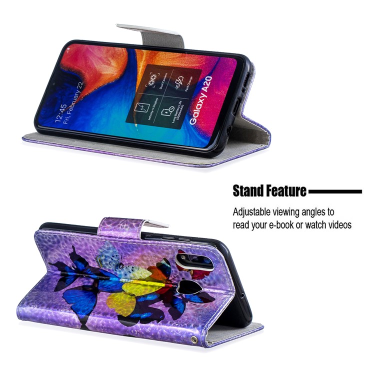 Laser Carving Pattern Printing Leather Wallet Stand Protective Casing with Strap for Samsung Galaxy A20 / A30 - Colorful Butterflies-2