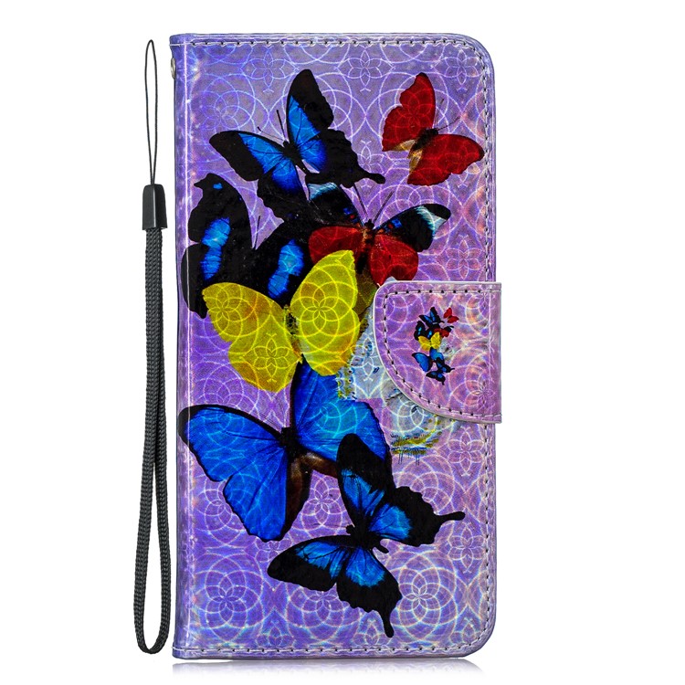 Laser Carving Pattern Printing Leather Wallet Stand Protective Casing with Strap for Samsung Galaxy A20 / A30 - Colorful Butterflies-3