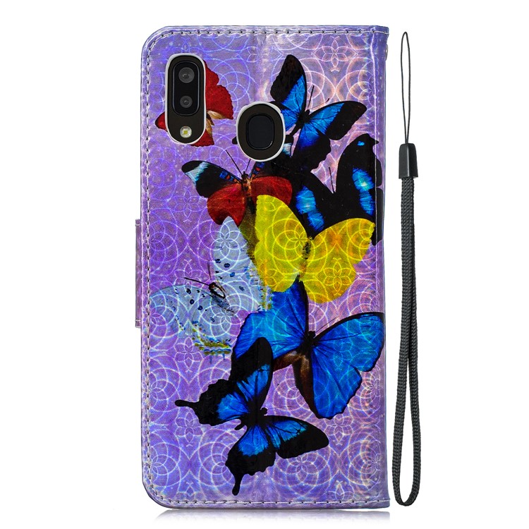 Laser Carving Pattern Printing Leather Wallet Stand Protective Casing with Strap for Samsung Galaxy A20 / A30 - Colorful Butterflies-4