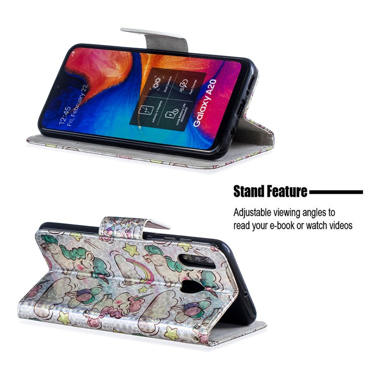 Laser Carving Pattern Printing Leather Wallet Stand Protective Casing with Strap for Samsung Galaxy A20 / A30 - Unicorns and Cloud-2