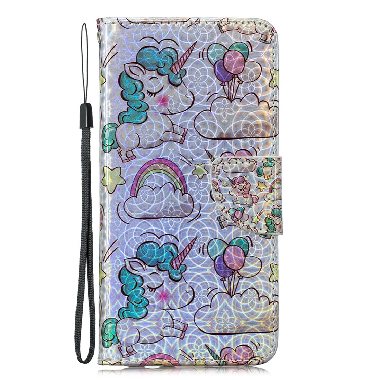 Laser Carving Pattern Printing Leather Wallet Stand Protective Casing with Strap for Samsung Galaxy A20 / A30 - Unicorns and Cloud-3