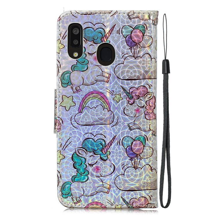 Laser Carving Pattern Printing Leather Wallet Stand Protective Casing with Strap for Samsung Galaxy A20 / A30 - Unicorns and Cloud-4