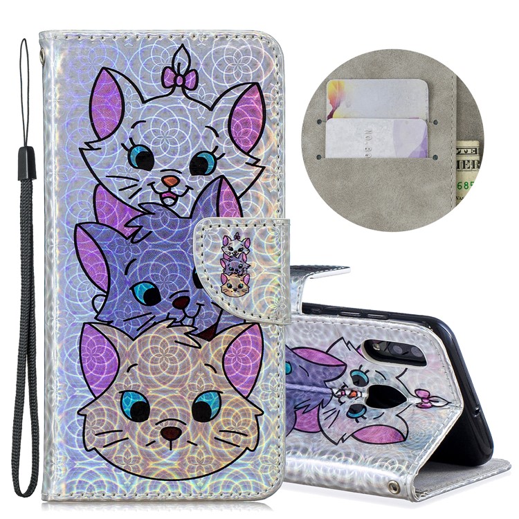 Laser Carving Pattern Printing Leather Wallet Stand Protective Casing with Strap for Samsung Galaxy A20 / A30 - Three Cute Cats-1