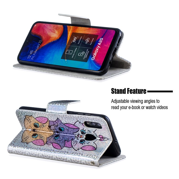 Laser Carving Pattern Printing Leather Wallet Stand Protective Casing with Strap for Samsung Galaxy A20 / A30 - Three Cute Cats-2