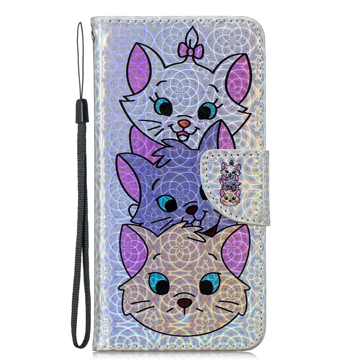Laser Carving Pattern Printing Leather Wallet Stand Protective Casing with Strap for Samsung Galaxy A20 / A30 - Three Cute Cats-3