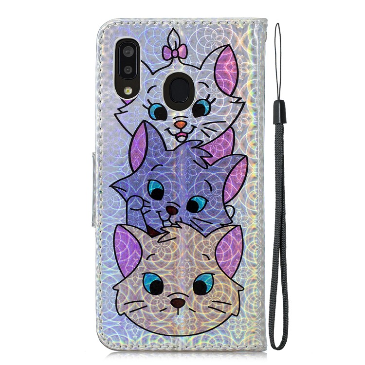 Laser Carving Pattern Printing Leather Wallet Stand Protective Casing with Strap for Samsung Galaxy A20 / A30 - Three Cute Cats-4