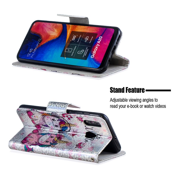 Laser Carving Pattern Printing Leather Wallet Stand Protective Casing with Strap for Samsung Galaxy A20 / A30 - Couple Unicorns-2
