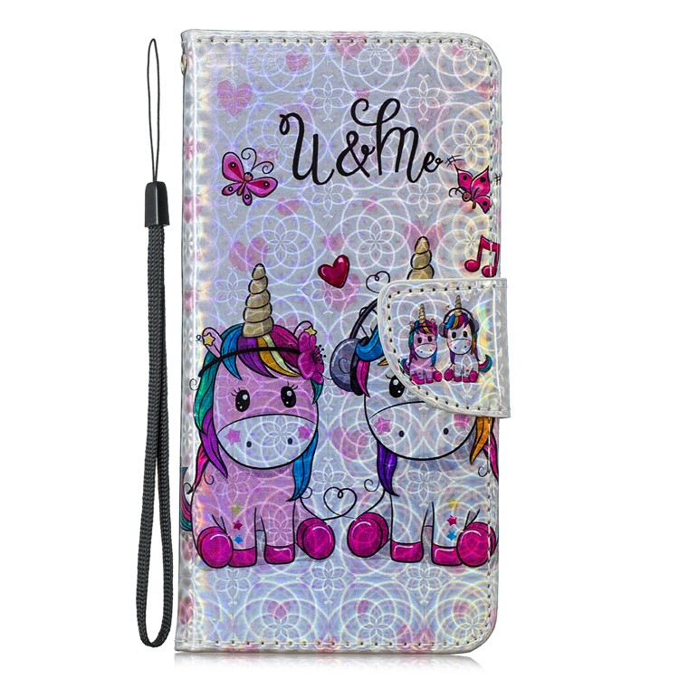 Laser Carving Pattern Printing Leather Wallet Stand Protective Casing with Strap for Samsung Galaxy A20 / A30 - Couple Unicorns-3
