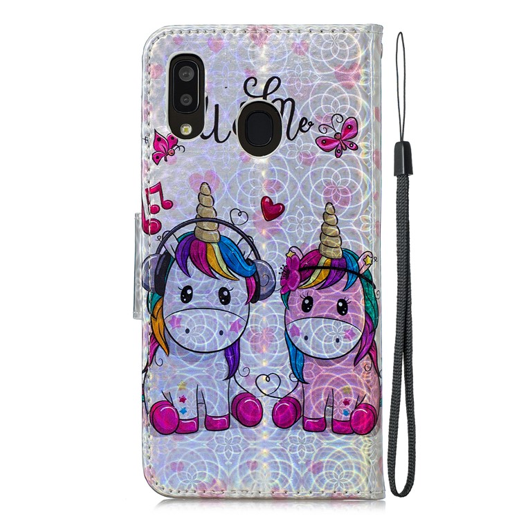 Laser Carving Pattern Printing Leather Wallet Stand Protective Casing with Strap for Samsung Galaxy A20 / A30 - Couple Unicorns-4