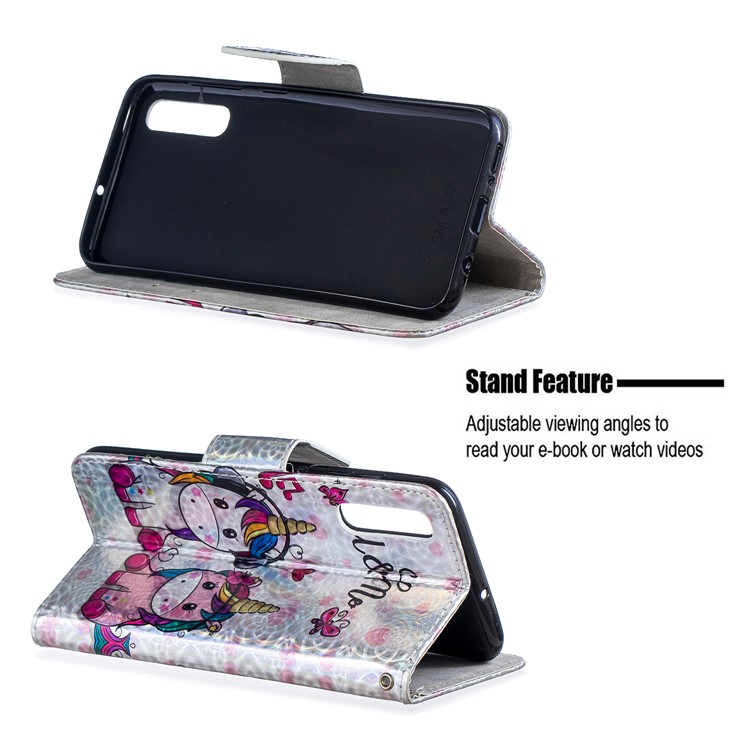 Laser Carving Pattern Printing Wallet Stand Flip Leather Case with Strap for Samsung Galaxy A50 - Couple Unicorns-2