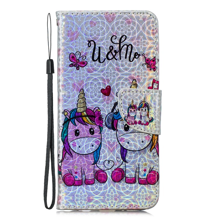 Laser Carving Pattern Printing Wallet Stand Flip Leather Case with Strap for Samsung Galaxy A50 - Couple Unicorns-3