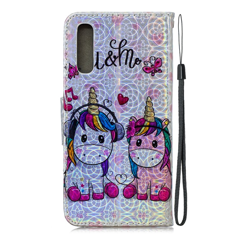 Laser Carving Pattern Printing Wallet Stand Flip Leather Case with Strap for Samsung Galaxy A50 - Couple Unicorns-4