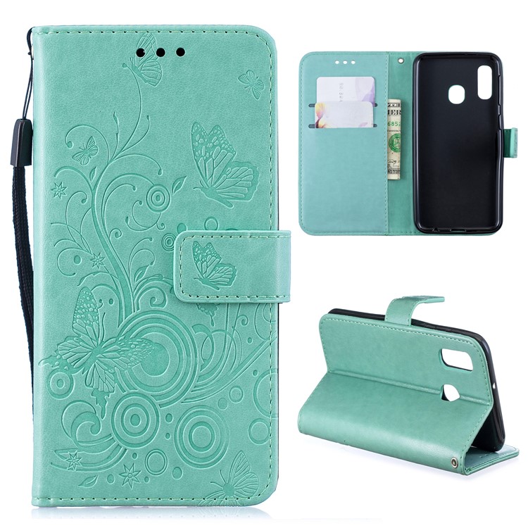 Imprint Butterfly Flower Leather Wallet Case for Samsung Galaxy A20e - Cyan-1