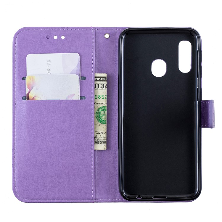 Imprint Butterfly Flower Leather Wallet Case for Samsung Galaxy A20e - Purple-7