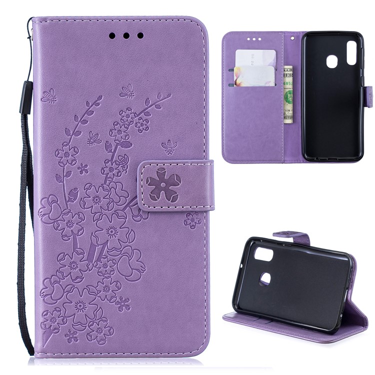 Imprint Plum Blossom Leather Wallet Case for Samsung Galaxy A20e - Purple-1