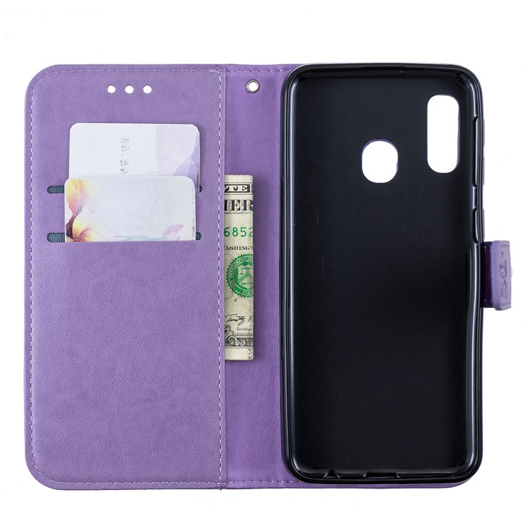 Imprint Plum Blossom Leather Wallet Case for Samsung Galaxy A20e - Purple-3