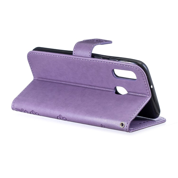 Imprint Plum Blossom Leather Wallet Case for Samsung Galaxy A20e - Purple-4