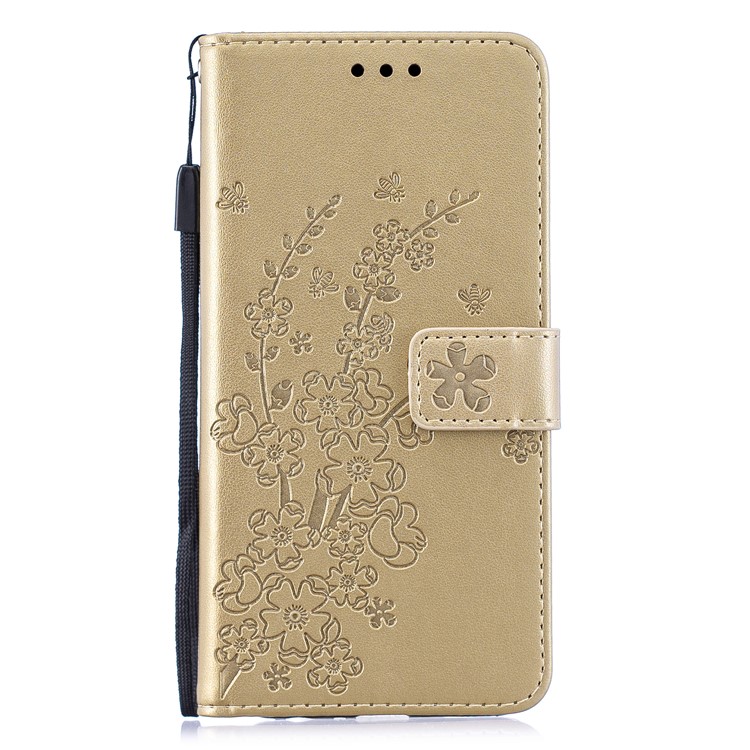 Imprint Plum Blossom Leather Wallet Case for Samsung Galaxy A20e - Gold-1