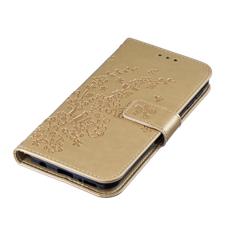 Imprint Plum Blossom Leather Wallet Case for Samsung Galaxy A20e - Gold-3