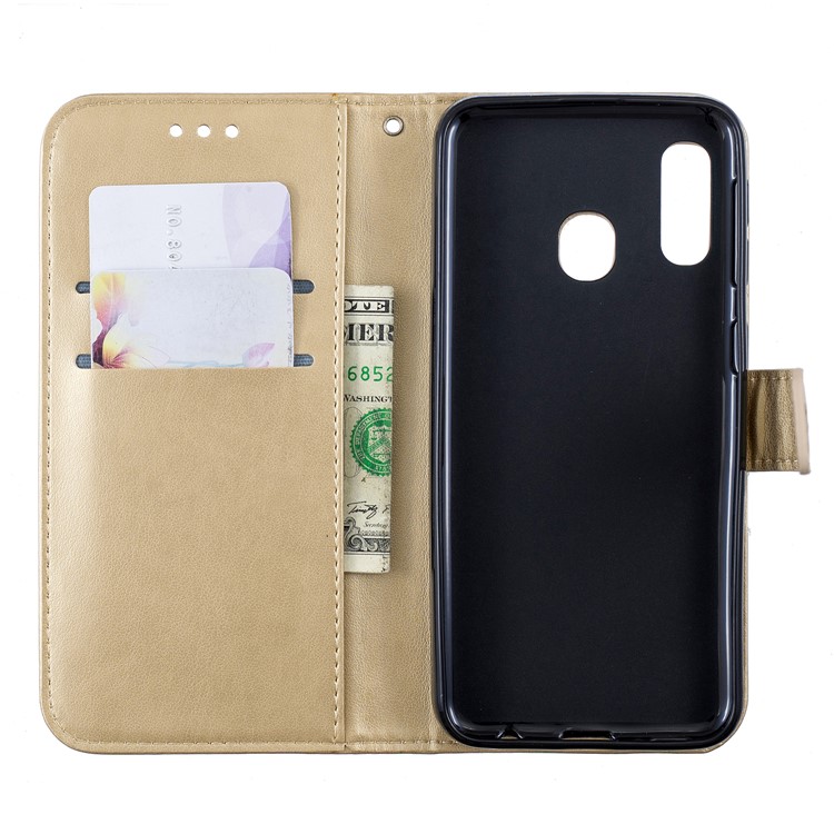 Imprint Plum Blossom Leather Wallet Case for Samsung Galaxy A20e - Gold-5