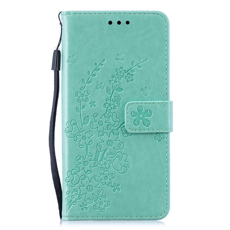 Imprint Plum Blossom Leather Wallet Case for Samsung Galaxy A20e - Cyan-1