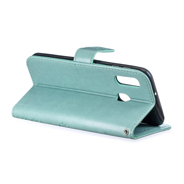Imprint Plum Blossom Leather Wallet Case for Samsung Galaxy A20e - Cyan-3