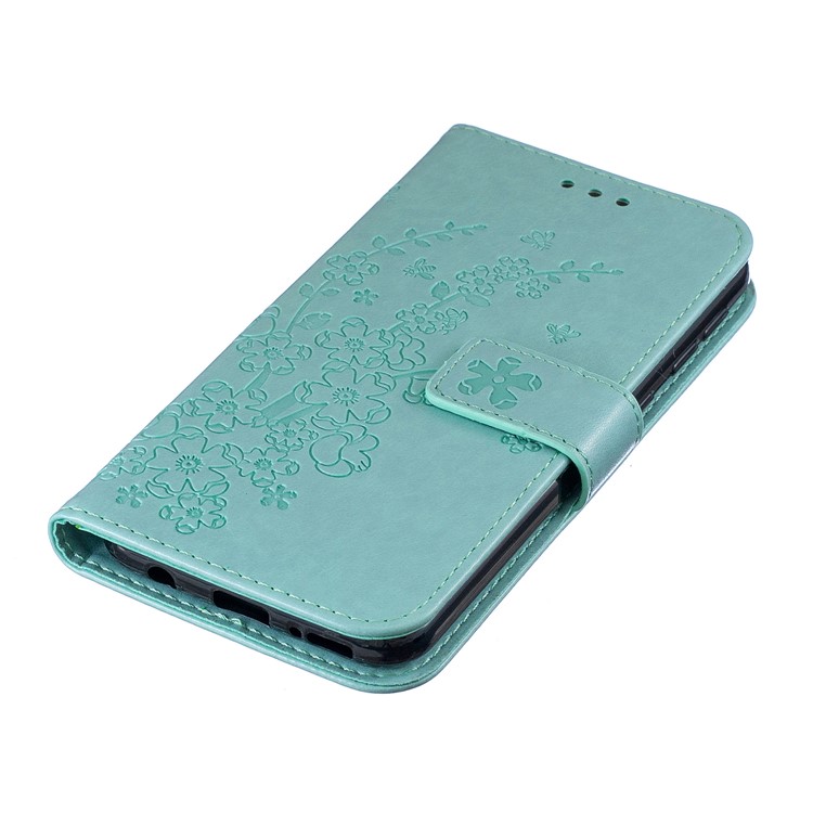 Imprint Plum Blossom Leather Wallet Case for Samsung Galaxy A20e - Cyan-5