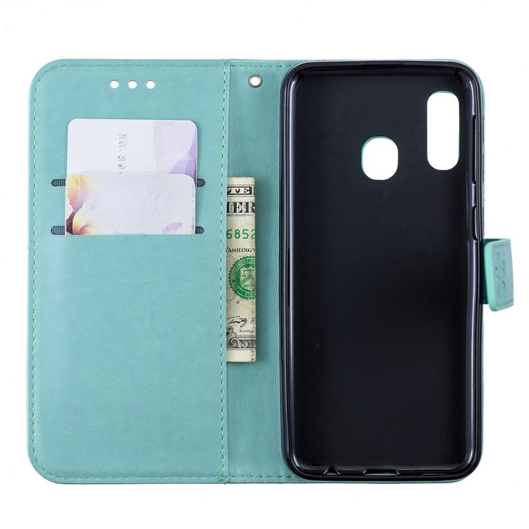 Imprint Plum Blossom Leather Wallet Case for Samsung Galaxy A20e - Cyan-7