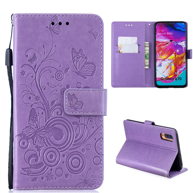 Imprint Butterfly Flower Leather Wallet Case for Samsung Galaxy A70 - Purple-1