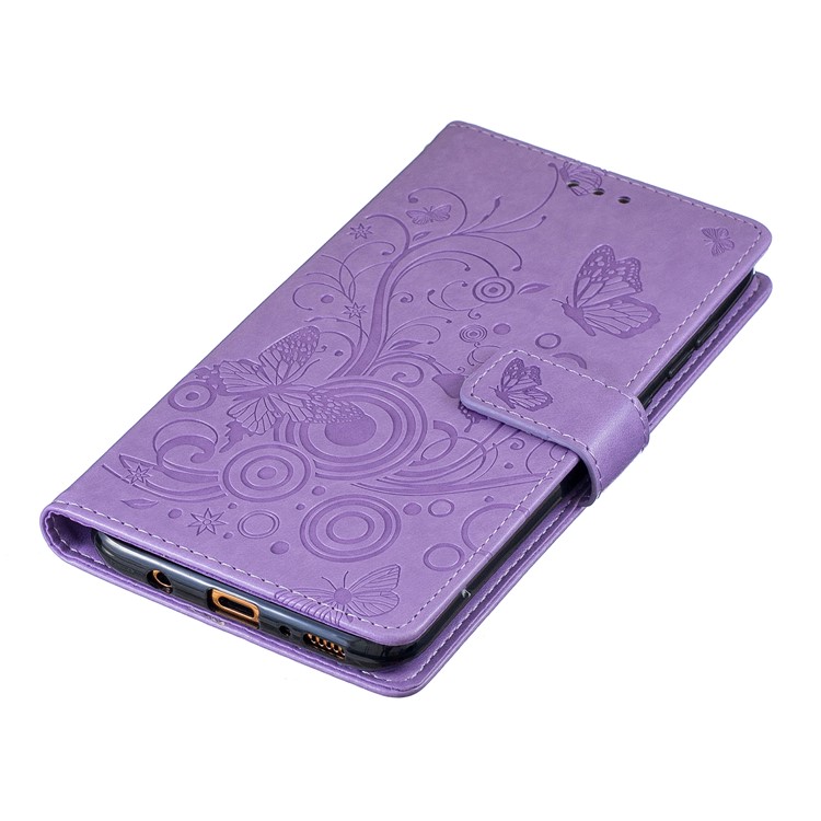 Imprint Butterfly Flower Leather Wallet Case for Samsung Galaxy A70 - Purple-2