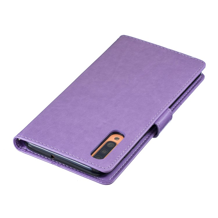 Imprint Butterfly Flower Leather Wallet Case for Samsung Galaxy A70 - Purple-3