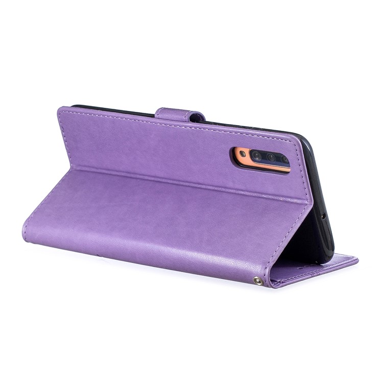 Imprint Butterfly Flower Leather Wallet Case for Samsung Galaxy A70 - Purple-6