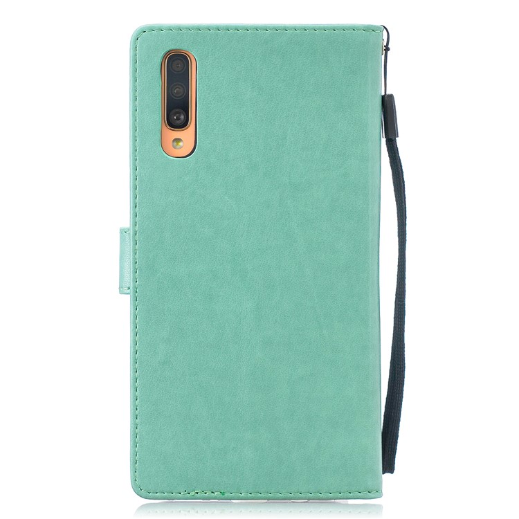 Imprint Butterfly Flower Leather Wallet Case for Samsung Galaxy A70 - Cyan-2