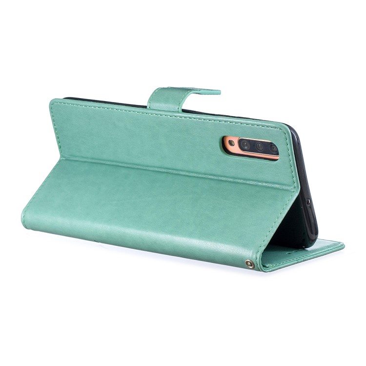Imprint Butterfly Flower Leather Wallet Case for Samsung Galaxy A70 - Cyan-3