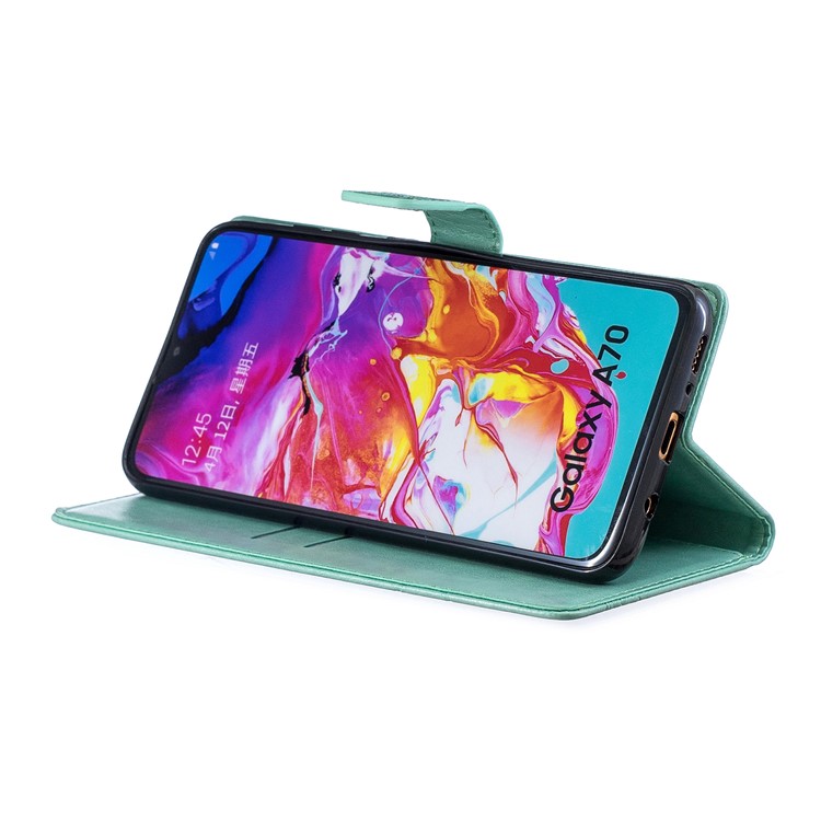 Imprint Butterfly Flower Leather Wallet Case for Samsung Galaxy A70 - Cyan-4