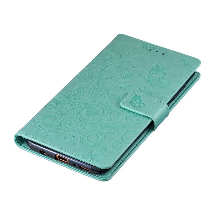 Imprint Butterfly Flower Leather Wallet Case for Samsung Galaxy A70 - Cyan-5