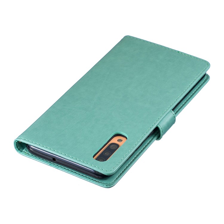 Imprint Butterfly Flower Leather Wallet Case for Samsung Galaxy A70 - Cyan-6