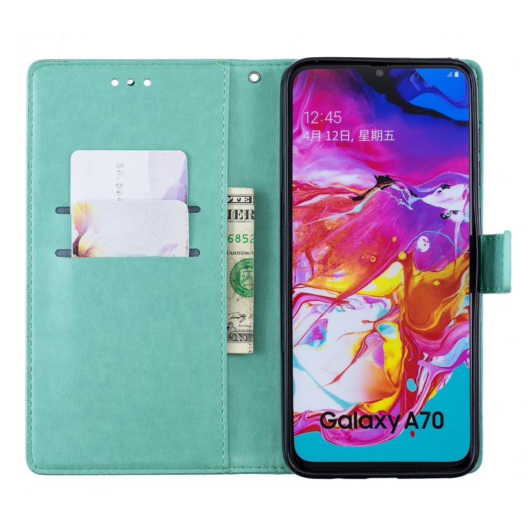 Imprint Butterfly Flower Leather Wallet Case for Samsung Galaxy A70 - Cyan-7