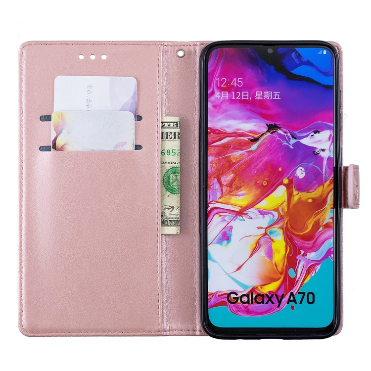 Imprint Butterfly Flower Leather Wallet Case for Samsung Galaxy A70 - Rose Gold-2