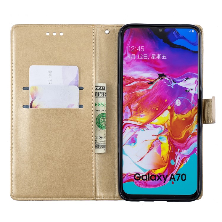 Etui Portefeuille En Cuir Avec Fleurs Papillon Pour Samsung Galaxy A70 - Or-3