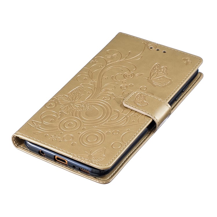 Etui Portefeuille En Cuir Avec Fleurs Papillon Pour Samsung Galaxy A70 - Or-6