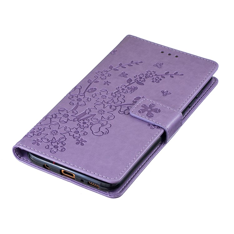 Aufdruck Pflaumenblüte Leder Brieftasche Ständer Fall Für Samsung Galaxy A70 - Lila-4