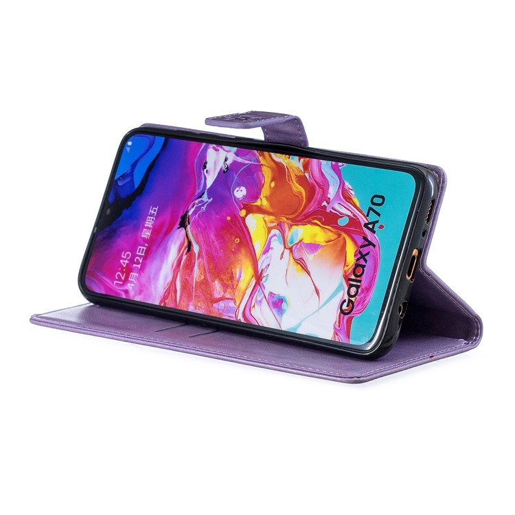 Aufdruck Pflaumenblüte Leder Brieftasche Ständer Fall Für Samsung Galaxy A70 - Lila-7