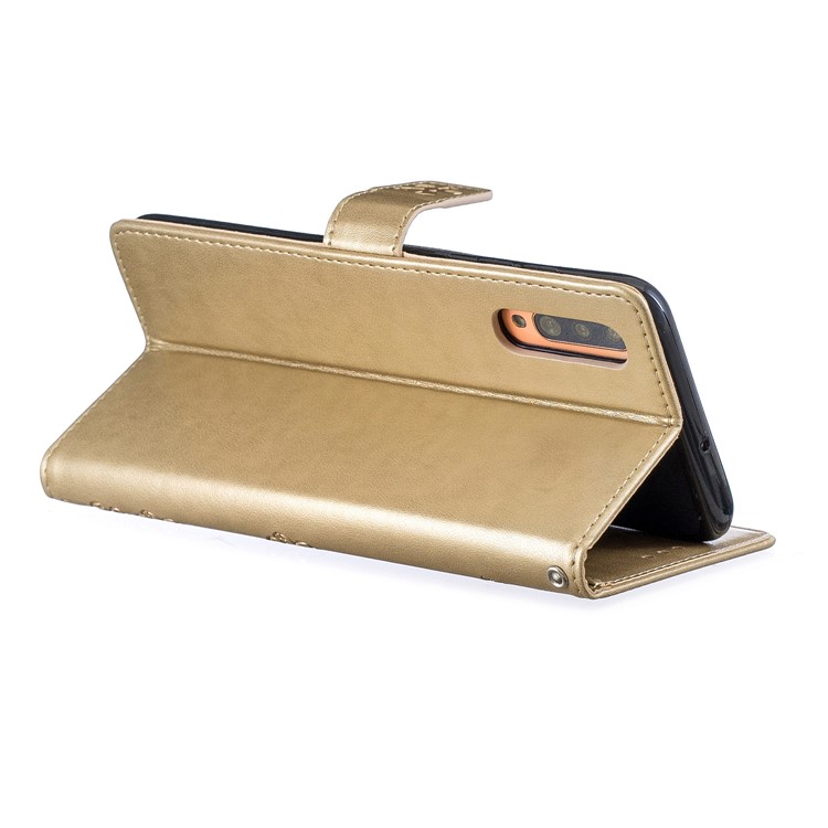 Imprint Plum Blossom Leather Wallet Stand Case for Samsung Galaxy A70 - Gold-3