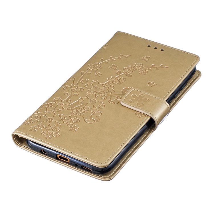Imprint Plum Blossom Leather Wallet Stand Case for Samsung Galaxy A70 - Gold-5