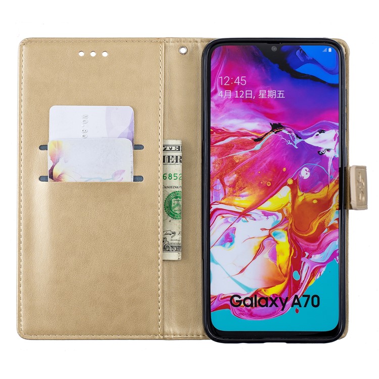Imprint Plum Blossom Leather Wallet Stand Case for Samsung Galaxy A70 - Gold-7
