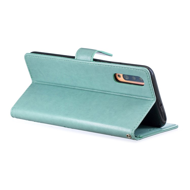 Imprint Plum Blossom Leather Wallet Stand Case for Samsung Galaxy A70 - Cyan-2