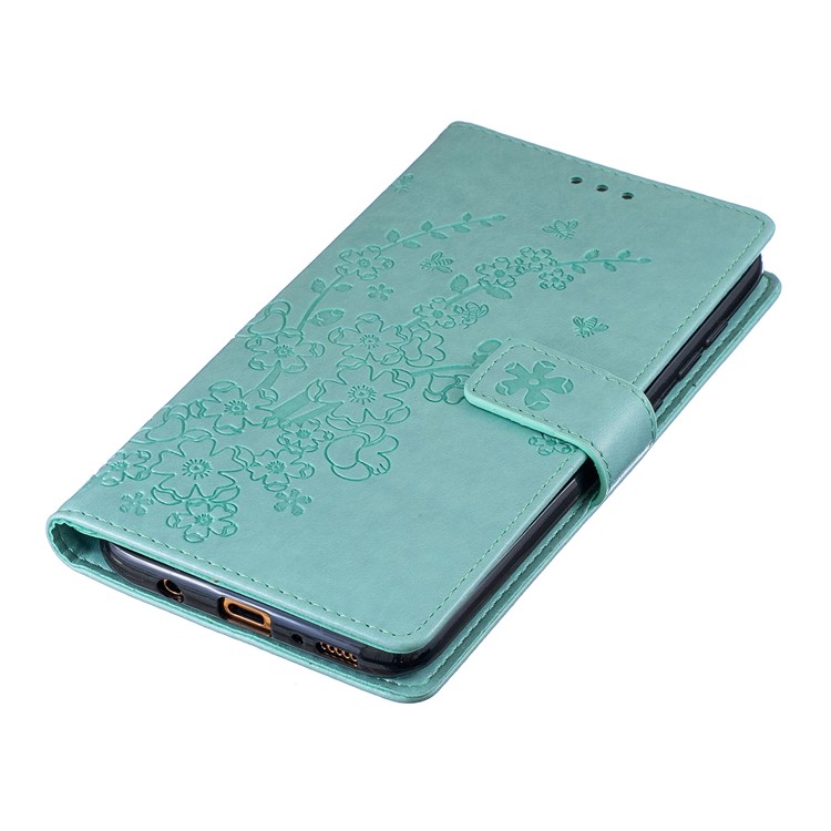 Imprint Plum Blossom Leather Wallet Stand Case for Samsung Galaxy A70 - Cyan-4